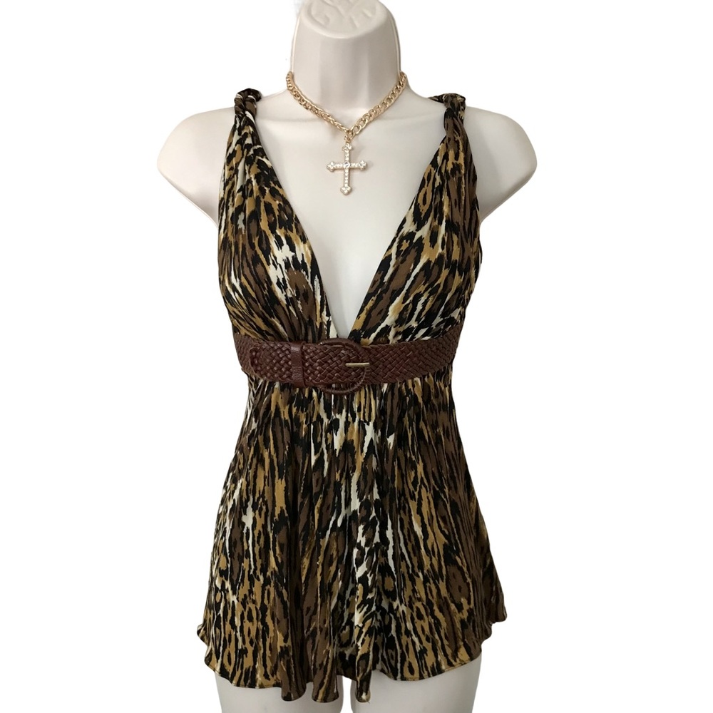 Sky 90s Style Sexy Leopard Print Babydoll Deep V-Neck Belted Tank Top Size XS